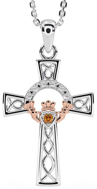 Diamond Citrine White Rose Gold Claddagh Celtic Cross Necklace