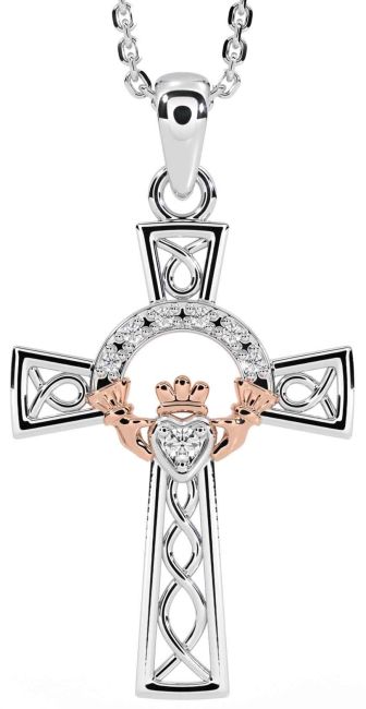 Diamond White Rose Gold Claddagh Celtic Cross Necklace