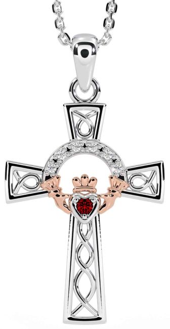 Diamond Garnet White Rose Gold Claddagh Celtic Cross Necklace