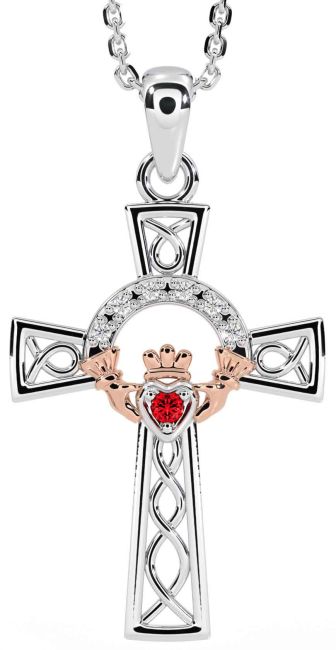 Diamond Ruby White Rose Gold Claddagh Celtic Cross Necklace
