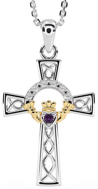 Diamond Alexandrite White Yellow Gold Claddagh Celtic Cross Necklace
