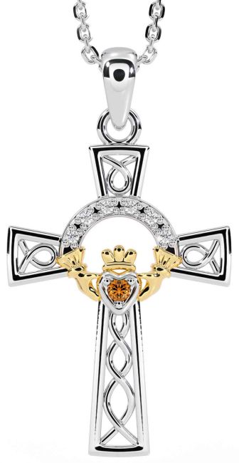 Diamond Citrine White Yellow Gold Claddagh Celtic Cross Necklace