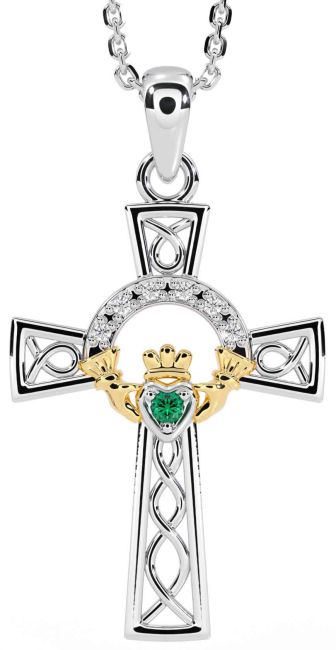 Diamond Emerald White Yellow Gold Claddagh Celtic Cross Necklace