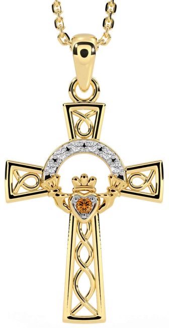Diamond Citrine Gold Claddagh Celtic Cross Necklace