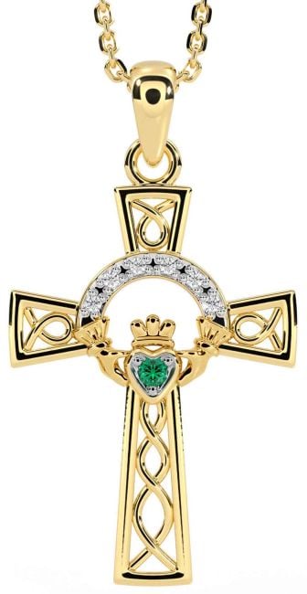 Diamond Emerald Gold Claddagh Celtic Cross Necklace