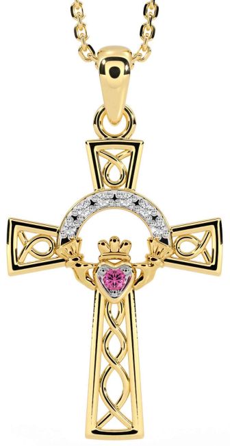 Diamond Pink Tourmaline Gold Claddagh Celtic Cross Necklace