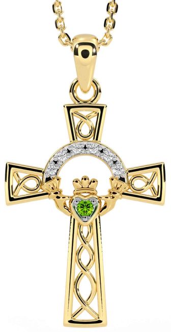 Diamond Peridot Gold Claddagh Celtic Cross Necklace