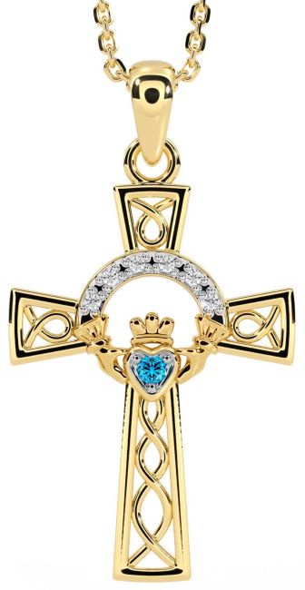 Diamond Topaz Gold Claddagh Celtic Cross Necklace