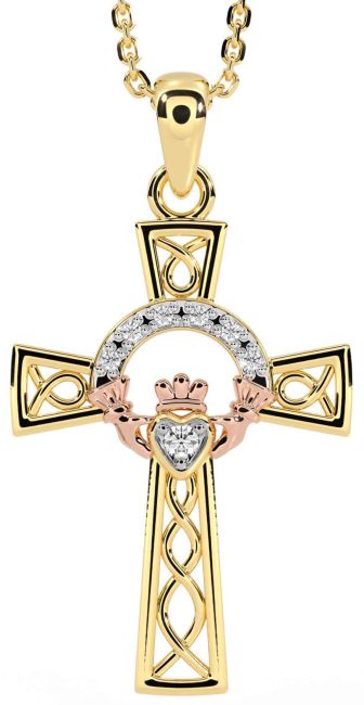 Diamond Rose Yellow Gold Claddagh Celtic Cross Necklace