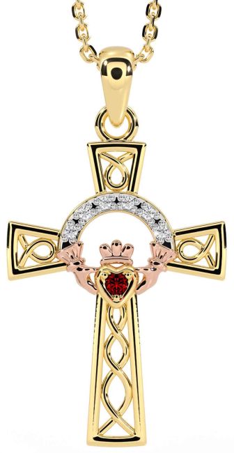 Diamond Garnet Rose Yellow Gold Claddagh Celtic Cross Necklace