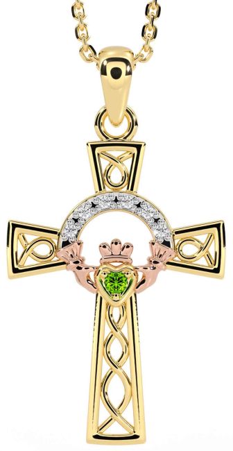 Diamond Peridot Rose Yellow Gold Claddagh Celtic Cross Necklace