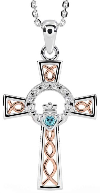 Diamond Aquamarine Rose Gold Silver Claddagh Celtic Cross Necklace