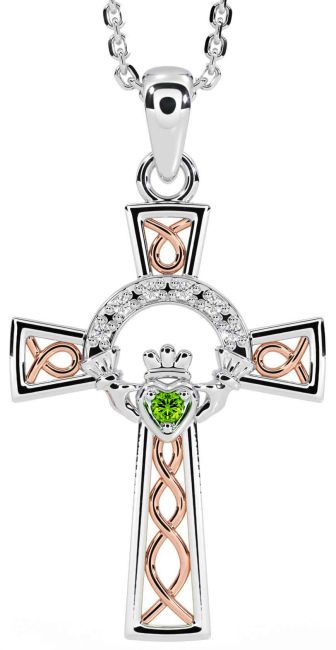 Diamond Peridot Rose Gold Silver Claddagh Celtic Cross Necklace