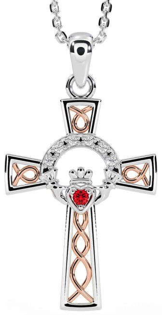 Diamond Ruby Rose Gold Silver Claddagh Celtic Cross Necklace