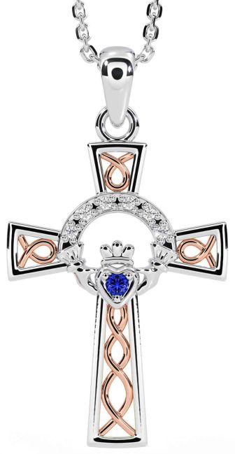 Diamond Sapphire Rose Gold Silver Claddagh Celtic Cross Necklace