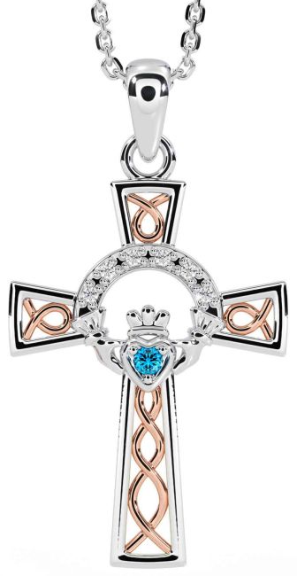 Diamond Topaz Rose Gold Silver Claddagh Celtic Cross Necklace