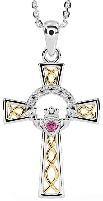 Diamond Pink Tourmaline Gold Silver Claddagh Celtic Cross Necklace