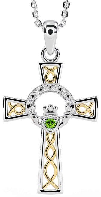 Diamond Peridot Gold Silver Claddagh Celtic Cross Necklace