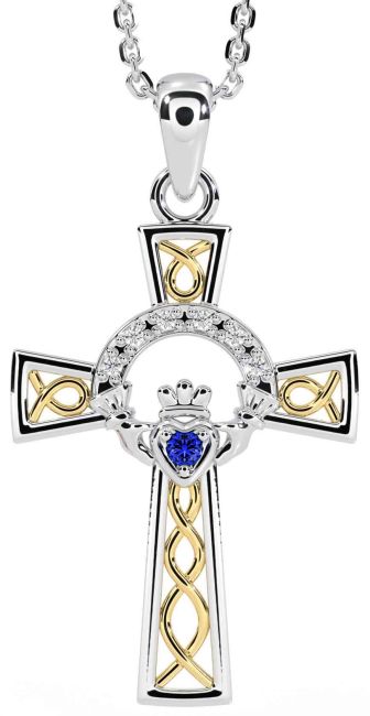 Diamond Sapphire Gold Silver Claddagh Celtic Cross Necklace