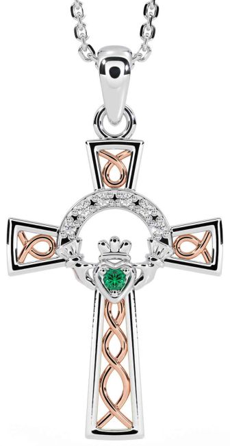 Diamond Emerald White Rose Gold Claddagh Celtic Cross Necklace