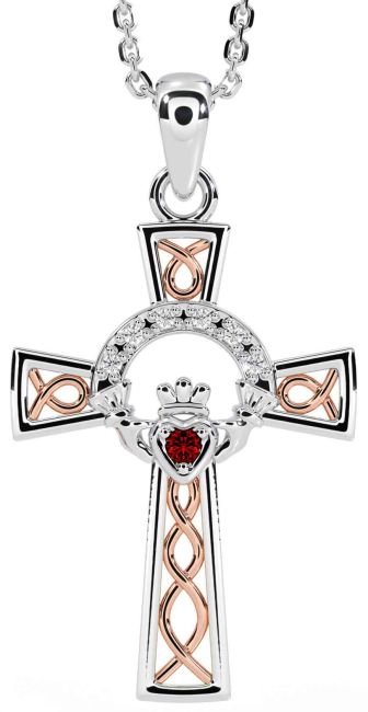 Diamond Garnet White Rose Gold Claddagh Celtic Cross Necklace