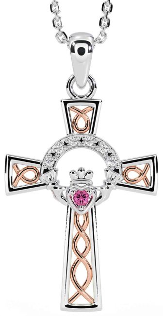 Diamond Pink Tourmaline White Rose Gold Claddagh Celtic Cross Necklace