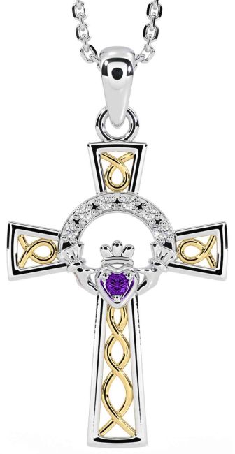 Diamond Amethyst White Yellow Gold Claddagh Celtic Cross Necklace