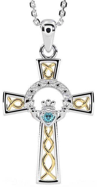 Diamond Aquamarine White Yellow Gold Claddagh Celtic Cross Necklace