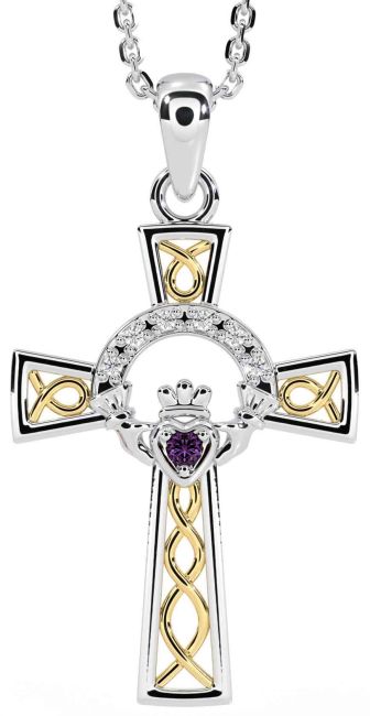 Diamond Alexandrite White Yellow Gold Claddagh Celtic Cross Necklace