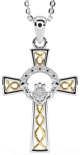 Diamond White Yellow Gold Claddagh Celtic Cross Necklace