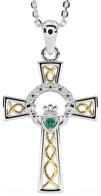 Diamond Emerald White Yellow Gold Claddagh Celtic Cross Necklace