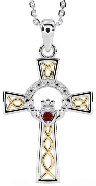 Diamond Garnet White Yellow Gold Claddagh Celtic Cross Necklace