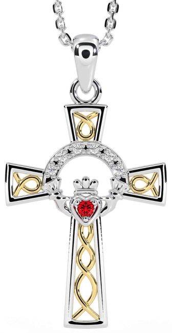 Diamond Ruby White Yellow Gold Claddagh Celtic Cross Necklace