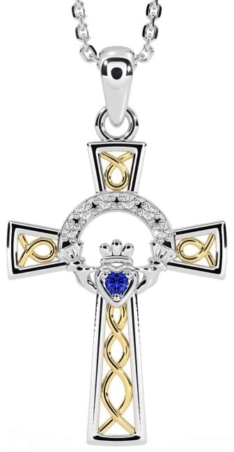 Diamond Sapphire White Yellow Gold Claddagh Celtic Cross Necklace