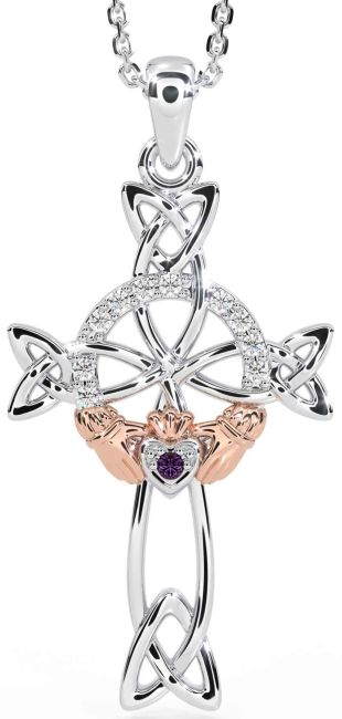 Diamond Alexandrite Rose Gold Silver Claddagh Celtic Cross Necklace