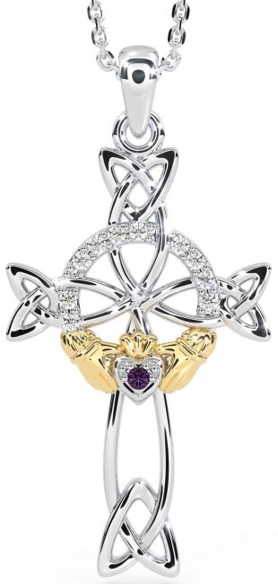 Diamond Alexandrite Gold Silver Claddagh Celtic Cross Necklace