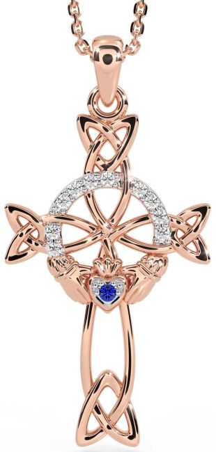 Diamond Sapphire Rose Gold Silver Claddagh Celtic Cross Necklace