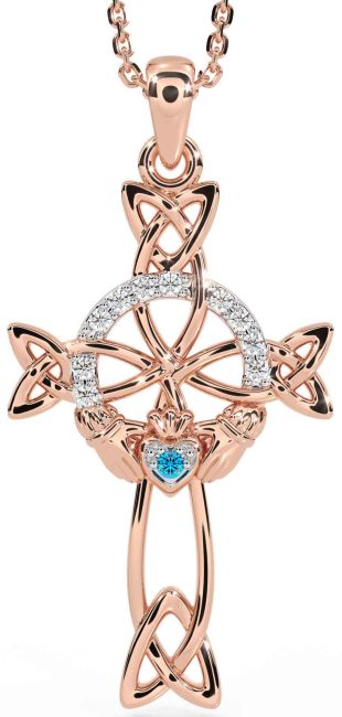Diamond Topaz Rose Gold Silver Claddagh Celtic Cross Necklace