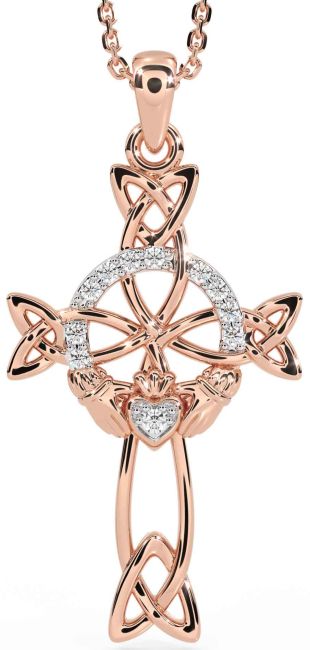 Diamond Rose Gold Claddagh Celtic Cross Necklace