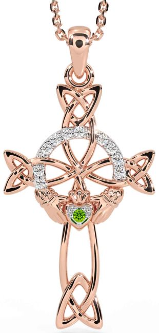 Diamond Peridot Rose Gold Claddagh Celtic Cross Necklace