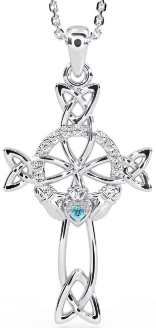 Diamond Aquamarine Silver Claddagh Celtic Cross Necklace