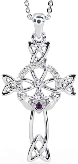 Diamond Alexandrite Silver Claddagh Celtic Cross Necklace