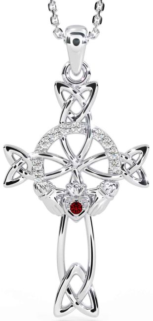 Diamond Garnet Silver Claddagh Celtic Cross Necklace