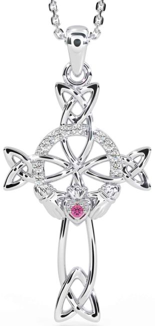 Diamond Pink Tourmaline Silver Claddagh Celtic Cross Necklace