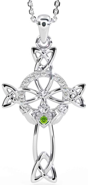 Diamond Peridot Silver Claddagh Celtic Cross Necklace
