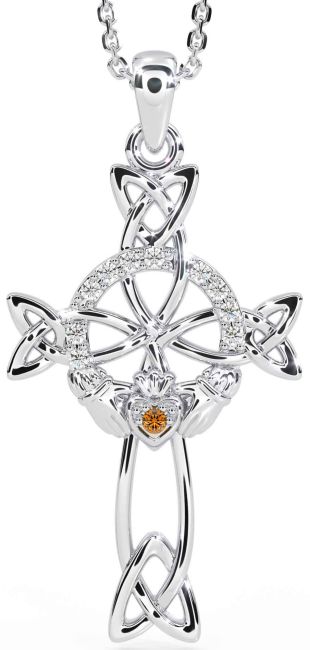 Diamond Citrine White Gold Claddagh Celtic Cross Necklace