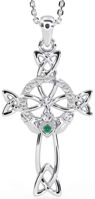 Diamond Emerald White Gold Claddagh Celtic Cross Necklace