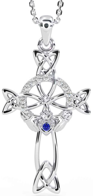 Diamond Sapphire White Gold Claddagh Celtic Cross Necklace
