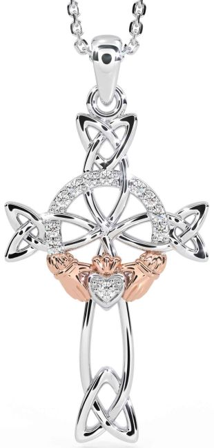 Diamond White Rose Gold Claddagh Celtic Cross Necklace
