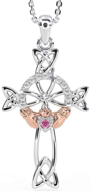Diamond Pink Tourmaline White Rose Gold Claddagh Celtic Cross Necklace